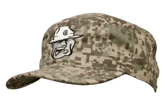A digital camouflage military cap in shades of green and grey featuring a logo on the front.