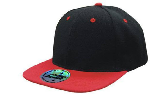 A two-tone premium American twill cap featuring a black body with a red brim and a branded logo.