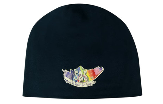 A navy cotton beanie featuring a logo. The beanie has a soft, warm appearance suitable for cooler weather.