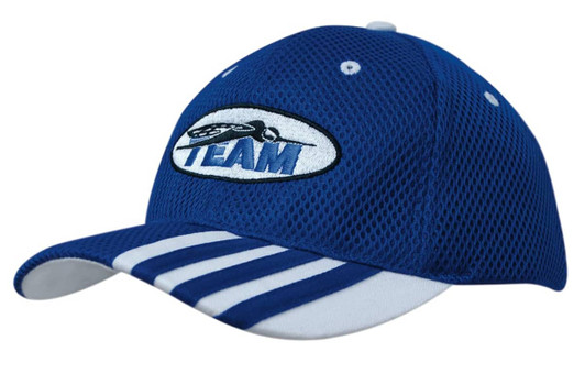 A blue mesh cap with white striping on the peak and a logo on the front.