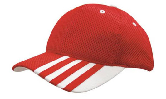 A red cap with mesh detailing and white striping on the peak, featuring a logo.