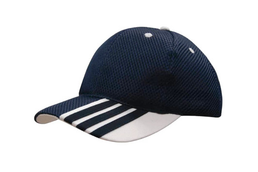 A navy blue mesh cap featuring striping on the peak and a logo on the front.