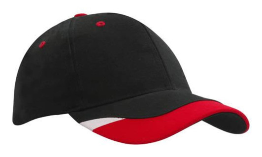A black cap with a red peak, featuring red inserts and a logo on the front.