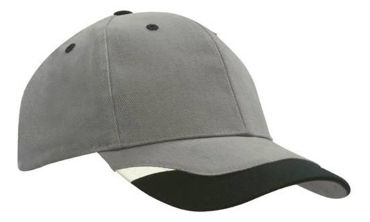 A grey cap with black peak inserts and printed trim, featuring a logo on the front.