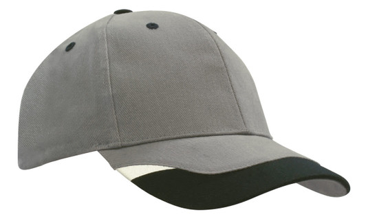 A grey cap with black peak inserts and printed trim. The cap features a logo on the front.