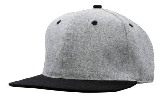 A grey marle flannel cap with a black peak and snap back styling, featuring a logo on the front.