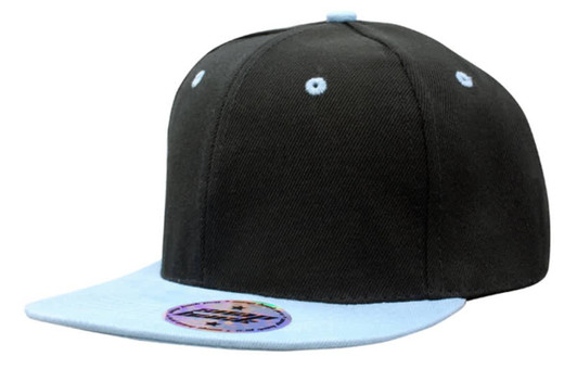 A black cap with a light blue peak, featuring a logo. The cap has a snapback design and a structured fit.