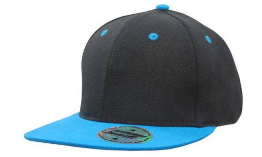 A black cap with a blue peak and button, featuring a logo on the side. Suitable for youth sizes.