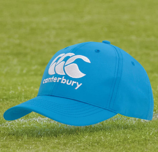 A blue sports cap featuring an embroidered logo and a curved brim, positioned on green grass.