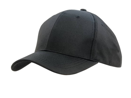 A black sports cap with a structured design and a curved brim, featuring a logo.