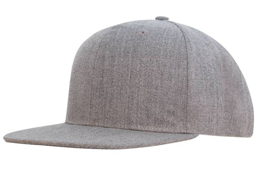 A grey flat peak cap made of premium twill fabric. Features a logo on the front.