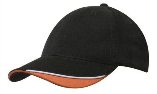 A black brushed heavy cotton cap with an indented peak and an orange underside on the peak. It features a logo.