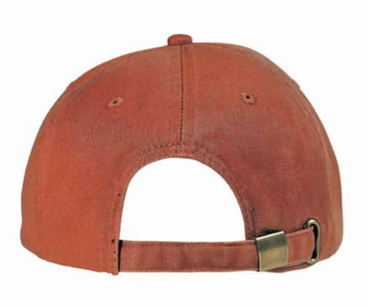 A washed chino twill cap in a rusty orange colour featuring a rear adjustment strap and a logo.