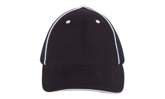 A black cap with high-tech mesh and white detailing. It features a front peak and ventilation holes.