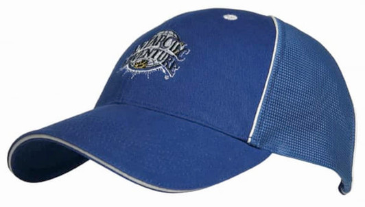 A blue cap with a high-tech mesh panel, featuring a logo on the front and a curved brim.