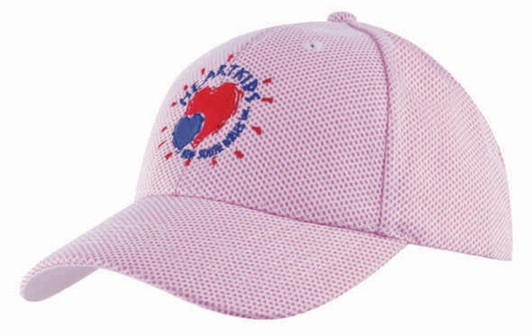 A pink mesh covered cotton twill cap featuring a logo on the front.