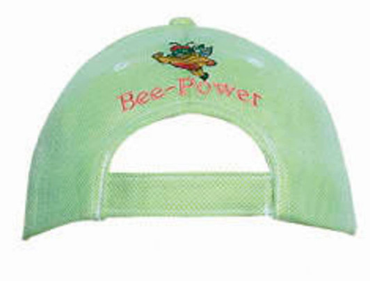 A light green mesh covered cotton twill cap with an adjustable strap at the back and a logo.