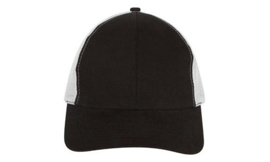 A black trucker cap with a grey mesh back and a curved peak, featuring a logo on the front.