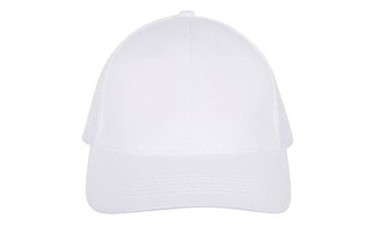 A white trucker cap with a mesh back and a logo on the front.