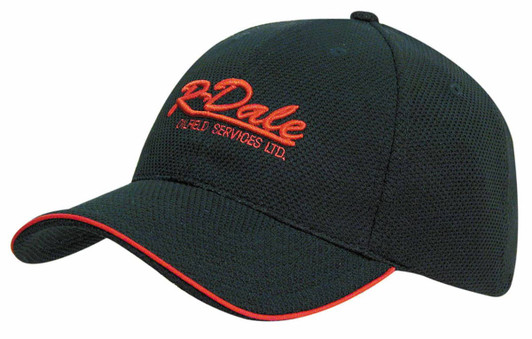 A black cap with a mesh design and red accents, featuring a logo on the front.