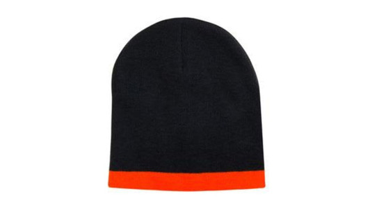 A black beanie with a vibrant orange rolled down band and a logo.