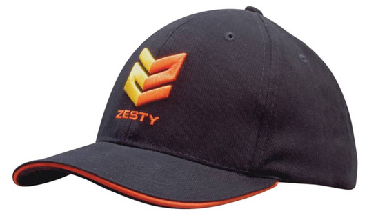 A navy cap with orange sandwich trim and an embroidered logo on the front.