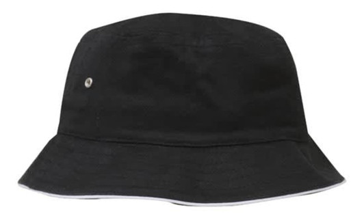 A black brushed sports twill bucket hat featuring a small logo and a wide brim.