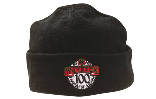 A black micro fleece beanie featuring a logo with red and white detailing.