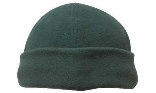 A dark green micro fleece beanie with a folded cuff and a simple design. It features a branding logo.