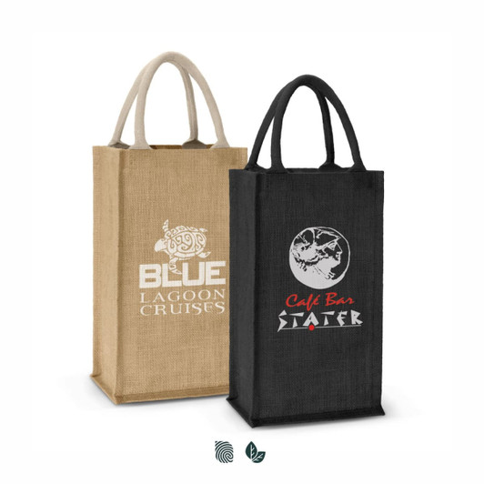 A jute double wine carrier in natural and black colours, featuring branding on both sides.