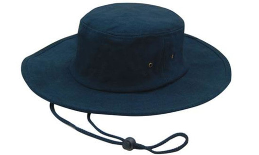 A navy blue brushed heavy cotton hat with a wide brim and an adjustable chin strap. Features a logo.