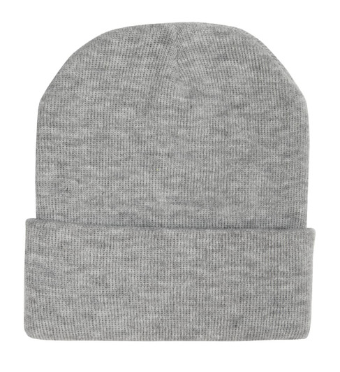 A grey acrylic beanie with a folded cuff, featuring a seamless design and soft texture.