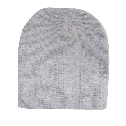 A rolled down acrylic beanie in a soft grey colour, featuring a simple design with no visible branding.