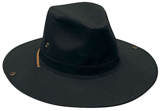 A black cotton twill hat with a wide brim, featuring a band and a logo.