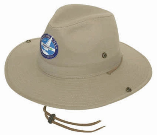 A light beige cotton twill bucket hat with a logo, featuring ventilation eyelets and a chin strap.