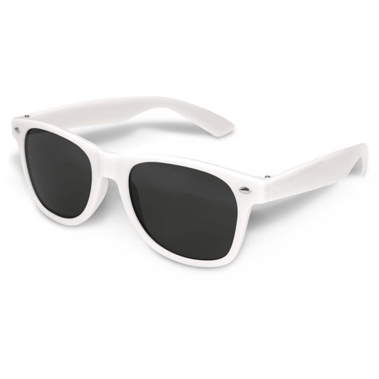 A pair of white sunglasses with dark lenses, featuring a design typical of casual, outdoor eyewear.