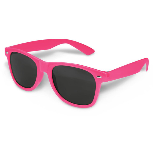 Pink sunglasses with dark lenses, featuring a logo on the side.
