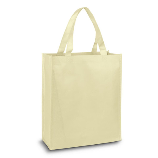 A light yellow tote bag with two handles and a simple design. It features a logo on one side.