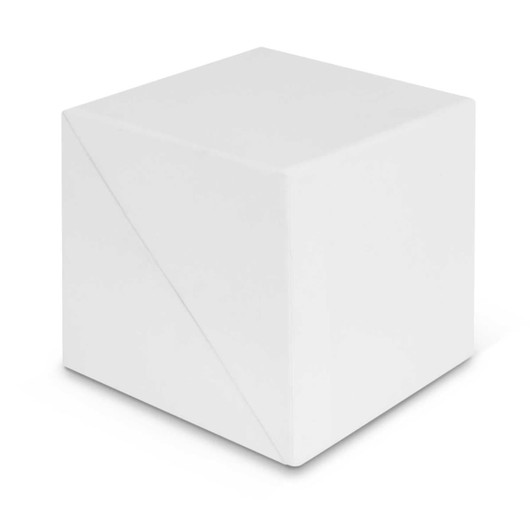 A plain white cube with a smooth surface, featuring a diagonal folded design on one side.