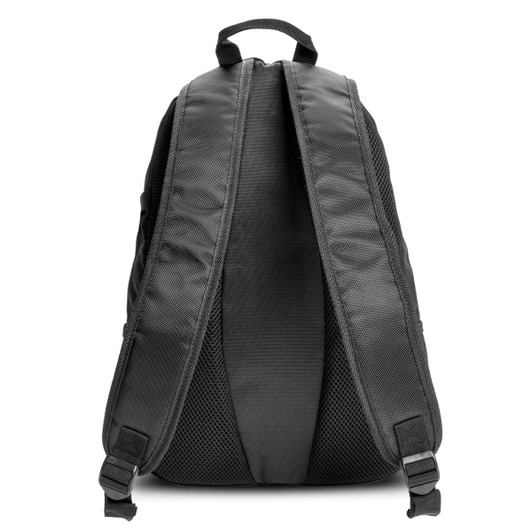 A black Swiss Peak Outdoor Backpack featuring padded straps and a mesh back panel for comfort.