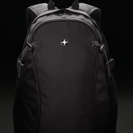 A black outdoor backpack with a logo, featuring adjusters and mesh side pockets.