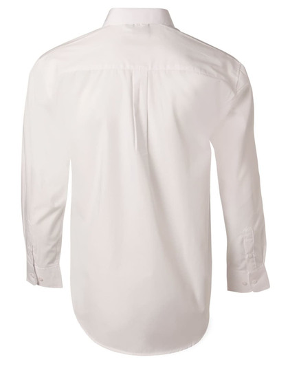 A white men's poplin long sleeve business shirt featuring a classic button-up design and a branded logo.