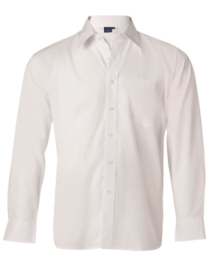 A white men's poplin long sleeve business shirt with a button-up front and a pocket on the chest.