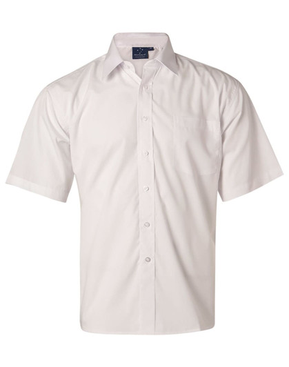 A white short sleeve business shirt with a button-up front and a chest pocket, featuring a logo.