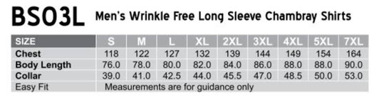 A size chart for Men's Wrinkle Free Long Sleeve Chambray Shirts, detailing measurements for various sizes.