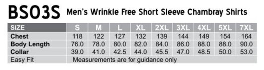 A size chart for Men’s Wrinkle Free Short Sleeve Chambray Shirts, detailing chest and body measurements.