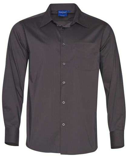 Men's long sleeve button-up shirt in dark grey with a chest pocket and a logo on the collar.