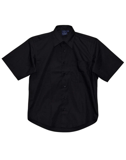 A black short sleeve button-up shirt featuring a pocket and a branded label.