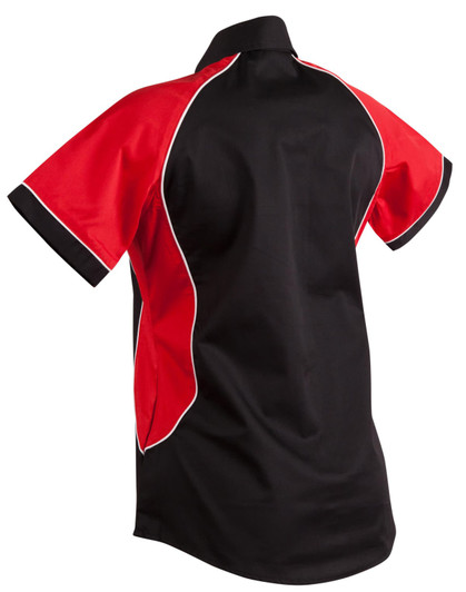 A short-sleeved button-up shirt featuring a black body with red contrast panels and a collar. It has a logo on it.