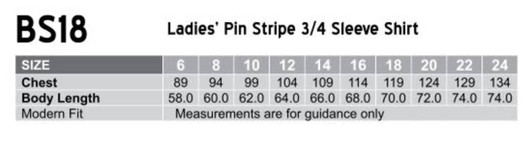 A table displaying size measurements for a Ladies' Pin Stripe 3/4 Sleeve Shirt, including chest and body length dimensions.